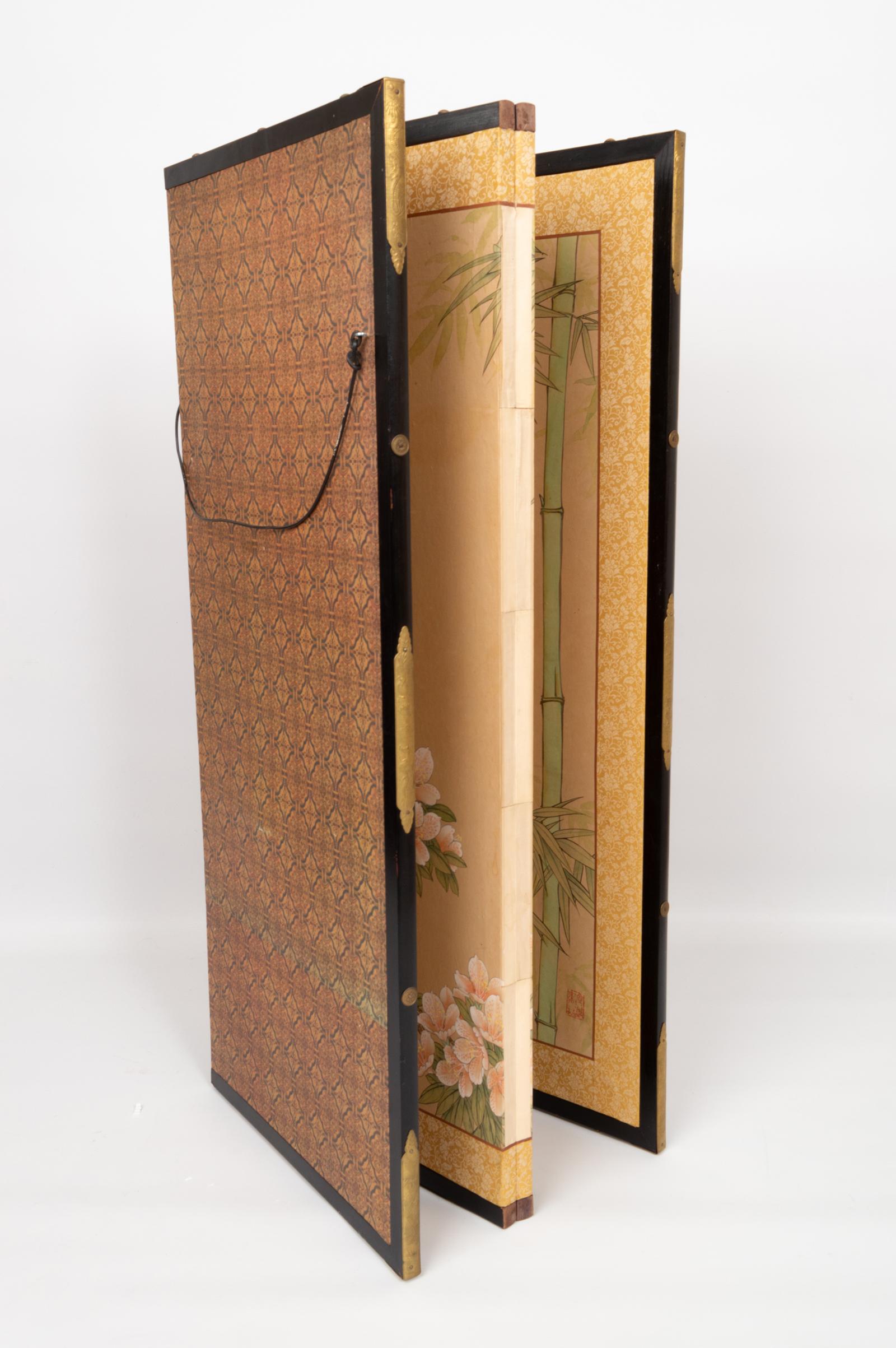 Japanese Four Panel Taisho Period Screen Bamboo & Blossom, circa 1920 For Sale 3