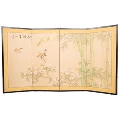 Biombo japonés de cuatro paneles del periodo Taisho Bambú y Flor, hacia 1920