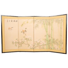 Antique Japanese Four Panel Taisho Period Screen Bamboo & Blossom, circa 1920