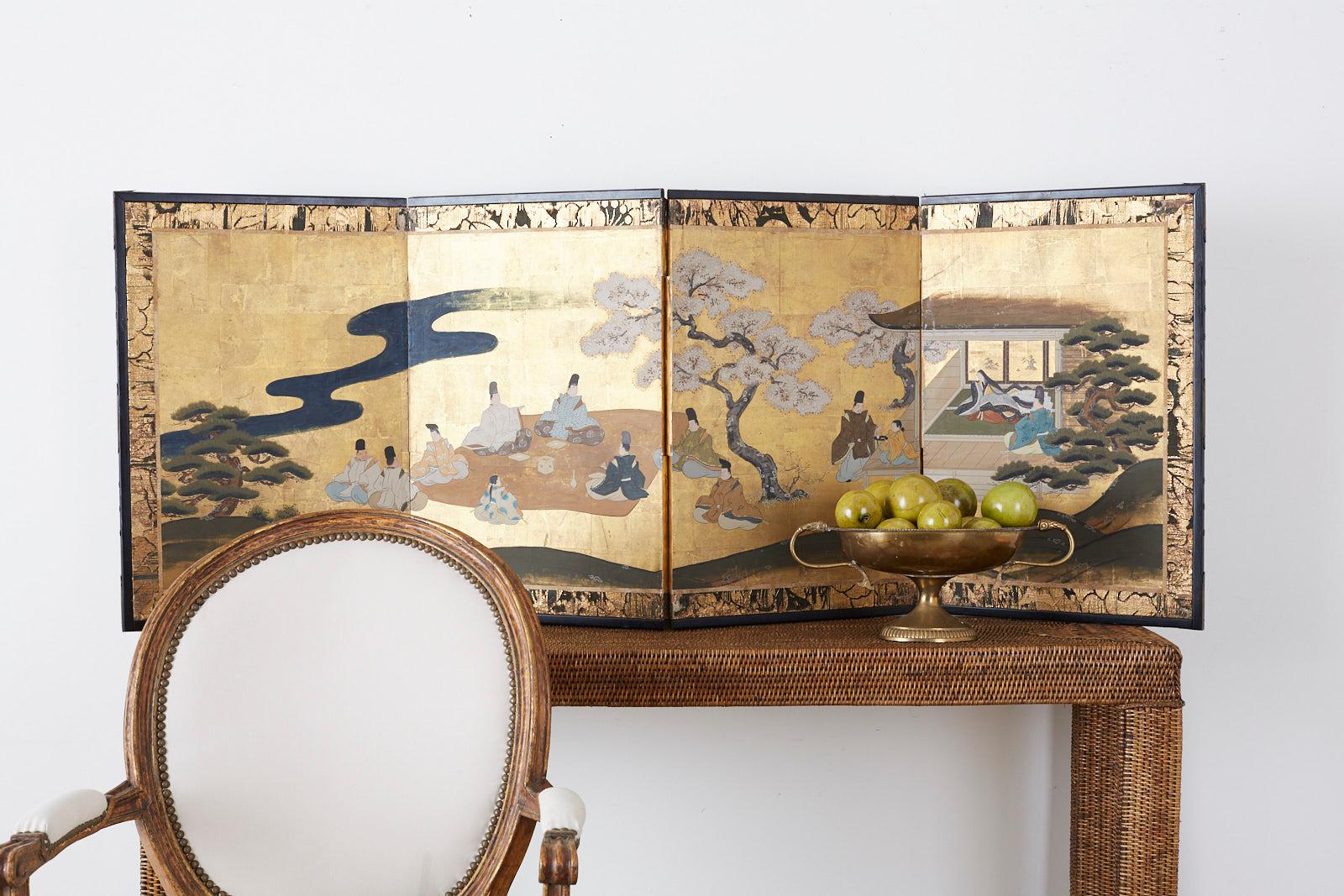 Stunning Japanese four panel screen depicting an idyllic spring scene from the narrative tales of Genji. The screen is painted in a Nihonga school style on squares of gold leaf. The characters dressed in beautifully detailed robes are having a