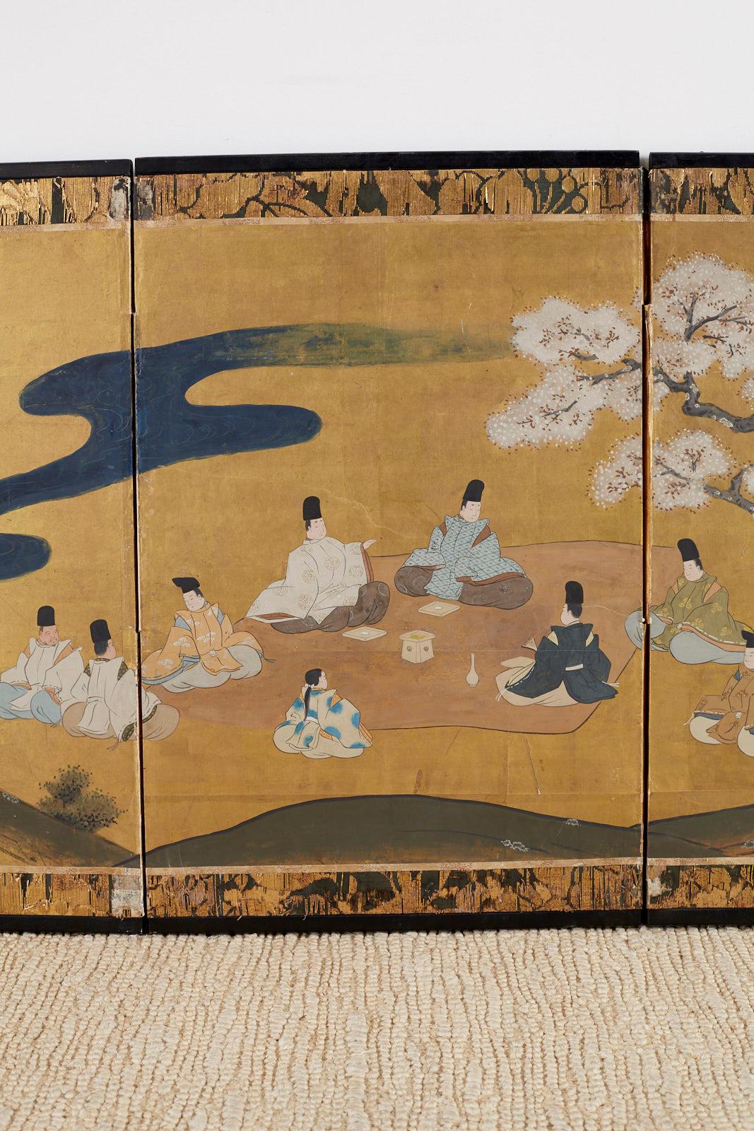 Edo Japanese Four Panel Tales of Genji Picnic Screen