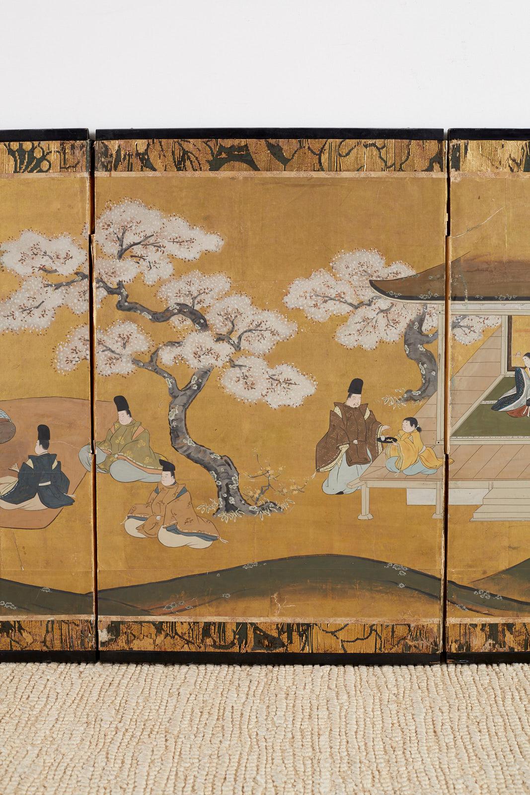 Hand-Crafted Japanese Four Panel Tales of Genji Picnic Screen