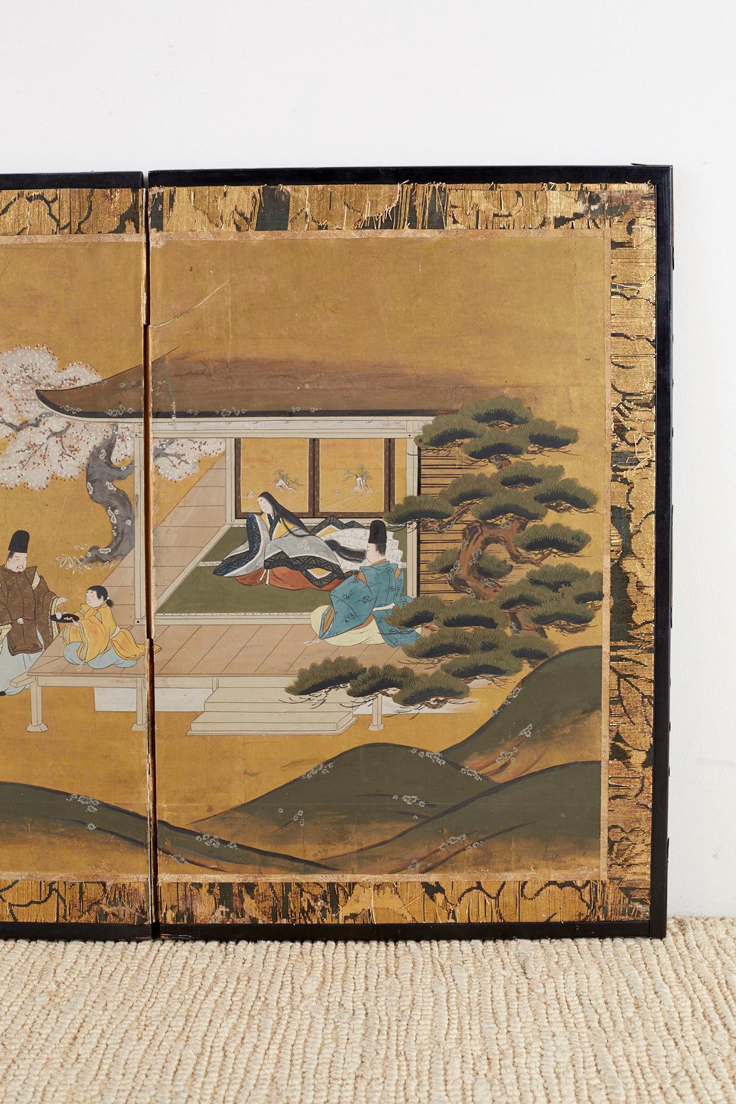 Japanese Four Panel Tales of Genji Picnic Screen In Distressed Condition In Rio Vista, CA