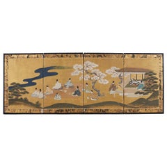 Japanese Four Panel Tales of Genji Picnic Screen