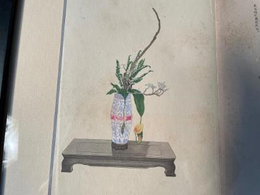 Hand-Crafted Japanese Framed Antique Ikebana Flower Wood Block Print