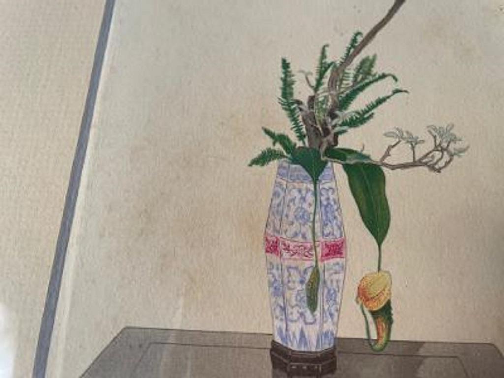 Japanese Framed Antique Ikebana Flower Wood Block Print In Good Condition In South Burlington, VT