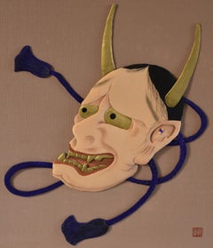 Japanese Contemporary Framed Silk Mask Handcrafted Oshie Decorative Art