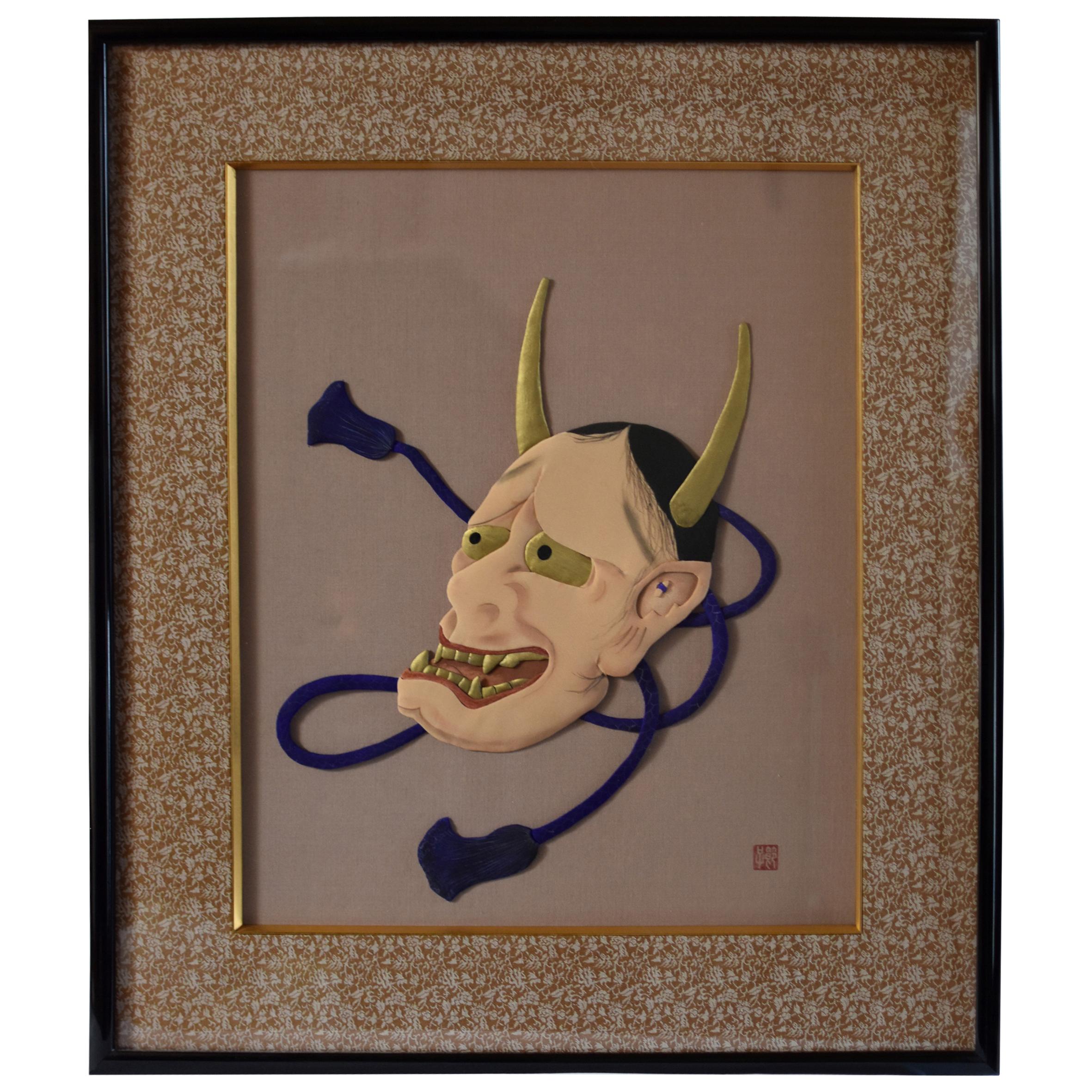 Japanese Contemporary Framed Silk Mask Handcrafted Oshie Decorative Art For Sale