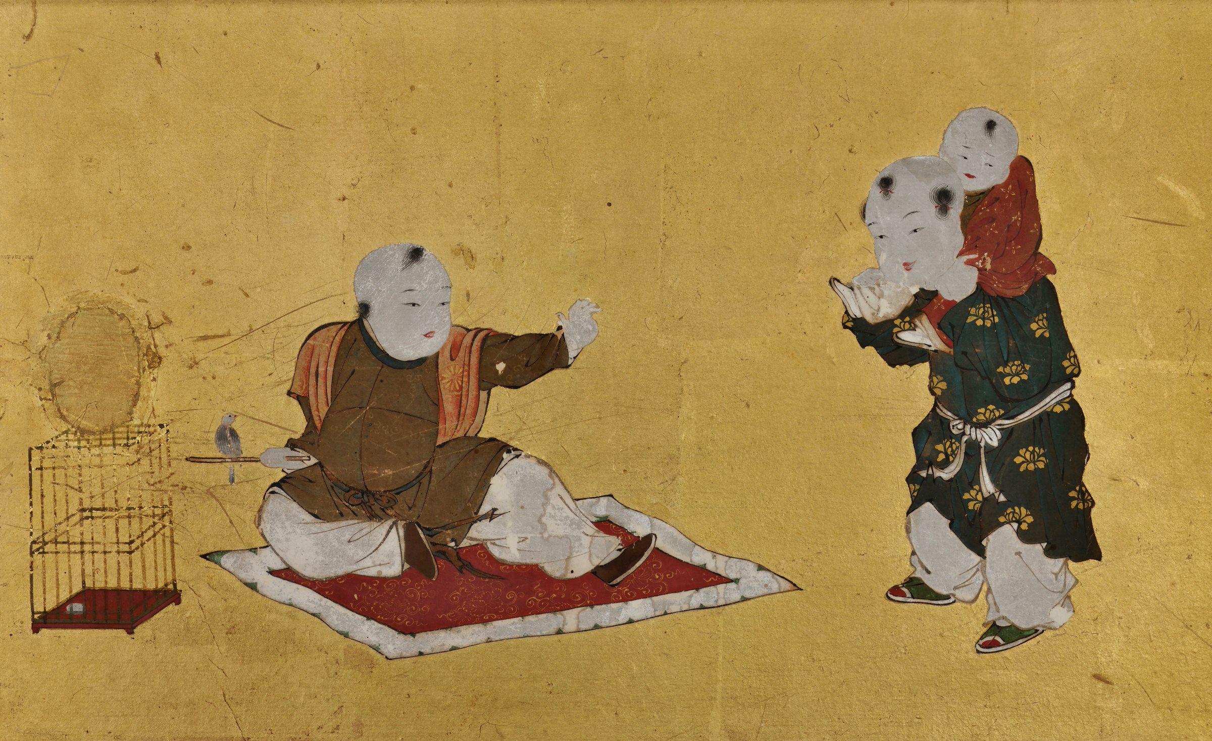 Gold Leaf Japanese Framed Panels, Chinese Children at Play, Kano School, circa 1850