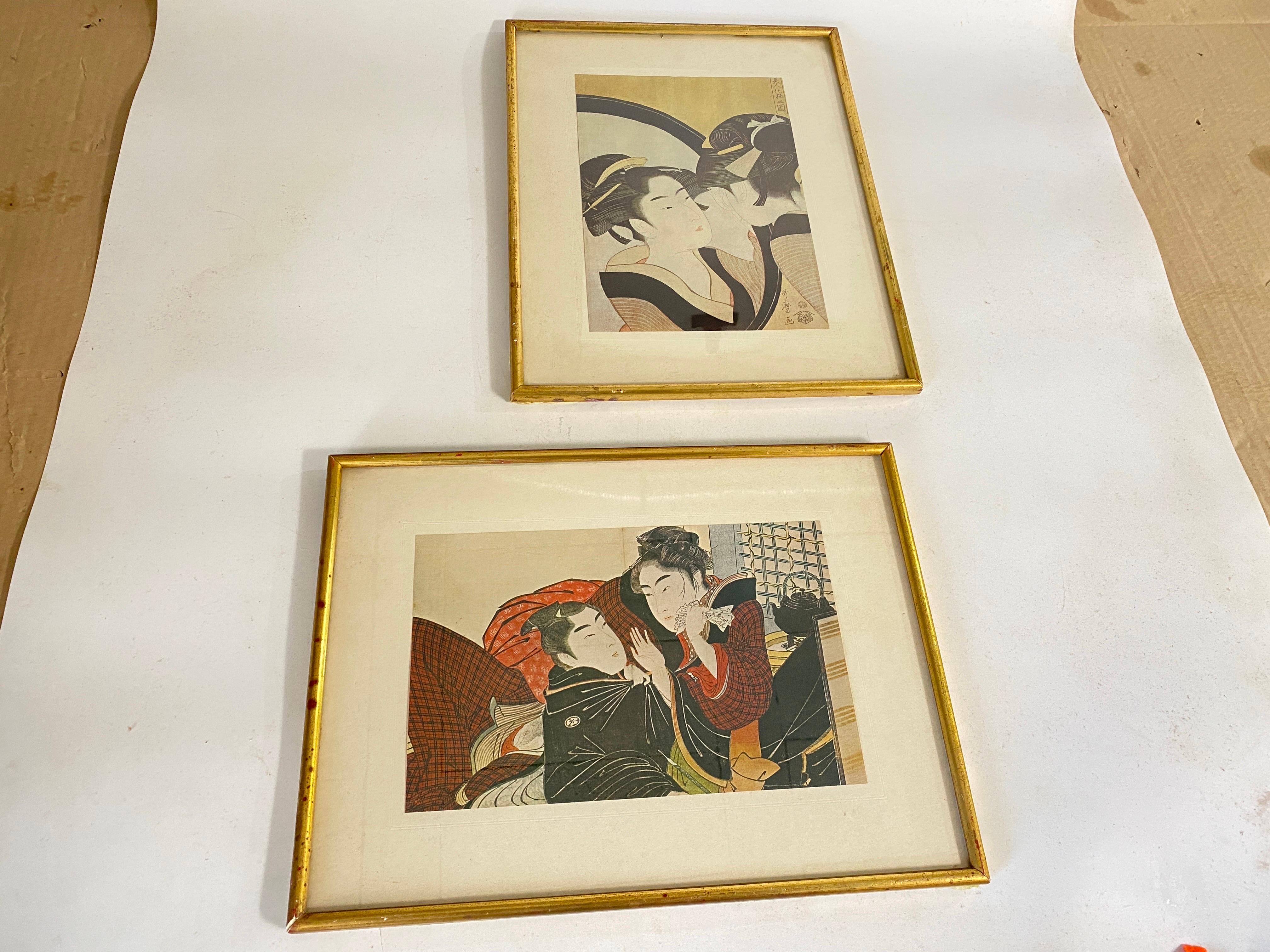 Japanese Framed Prints Reproduction 20th Gilt Frame 20 Century Set of 2 For Sale 4