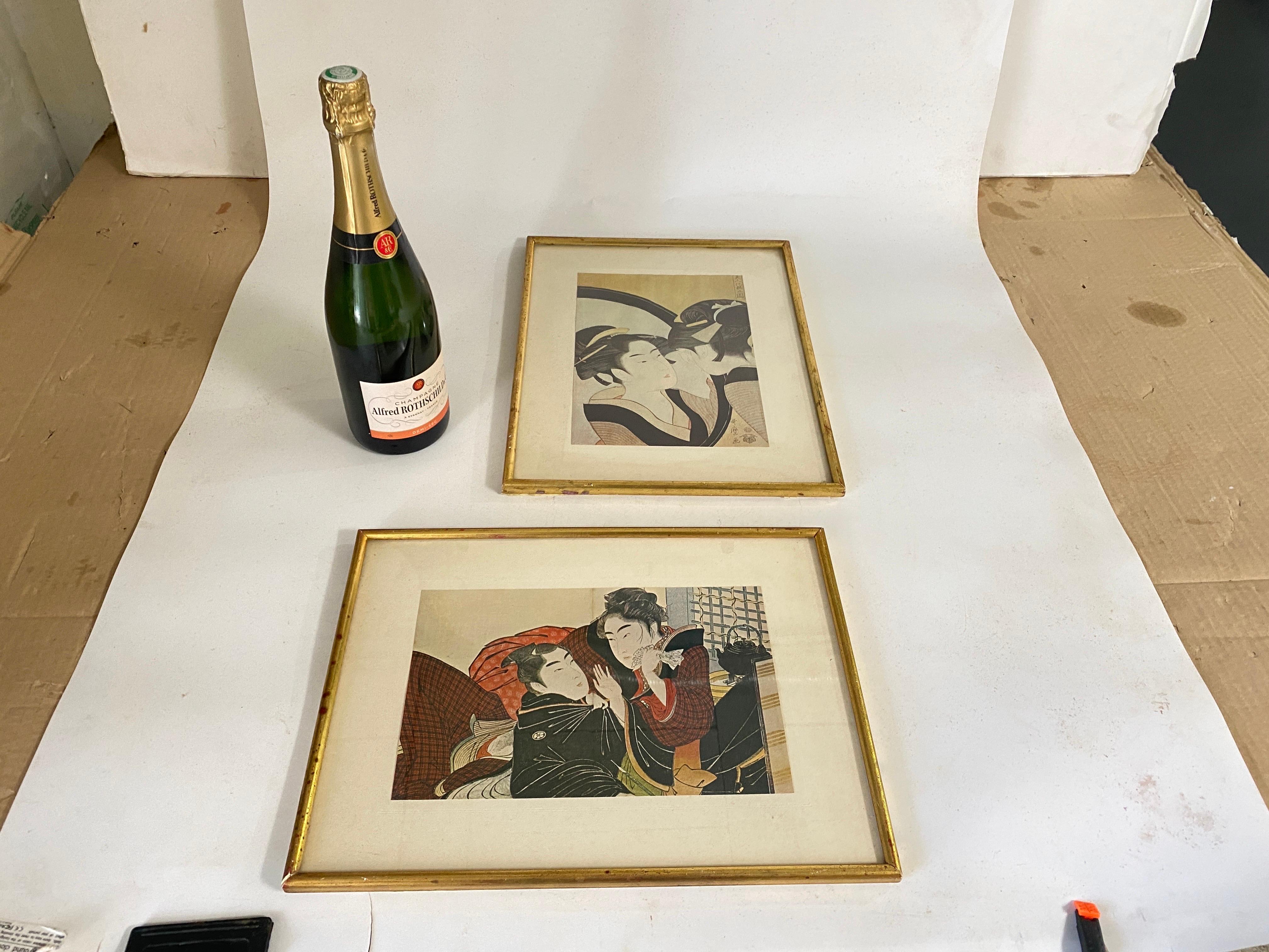 Japanese Framed Prints Reproduction 20th Gilt Frame 20 Century Set of 2 For Sale 11
