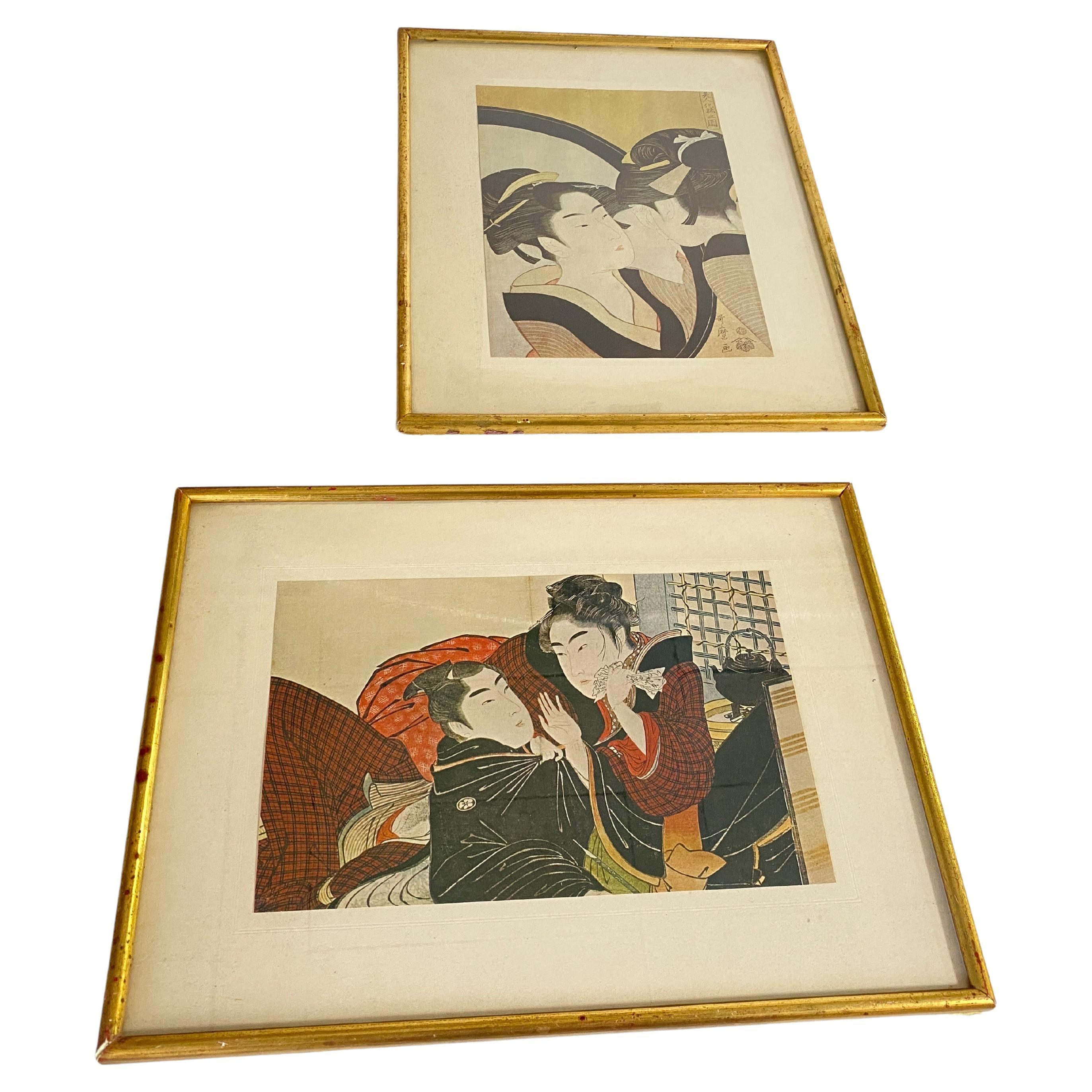 Japanese Framed Prints Reproduction 20th Gilt Frame 20 Century Set of 2 For Sale