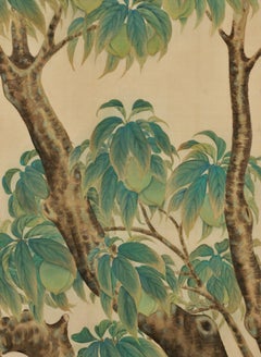 Japanese Framed Silk Painting, Turtledoves and Peaches, Taisho Era, circa 1920