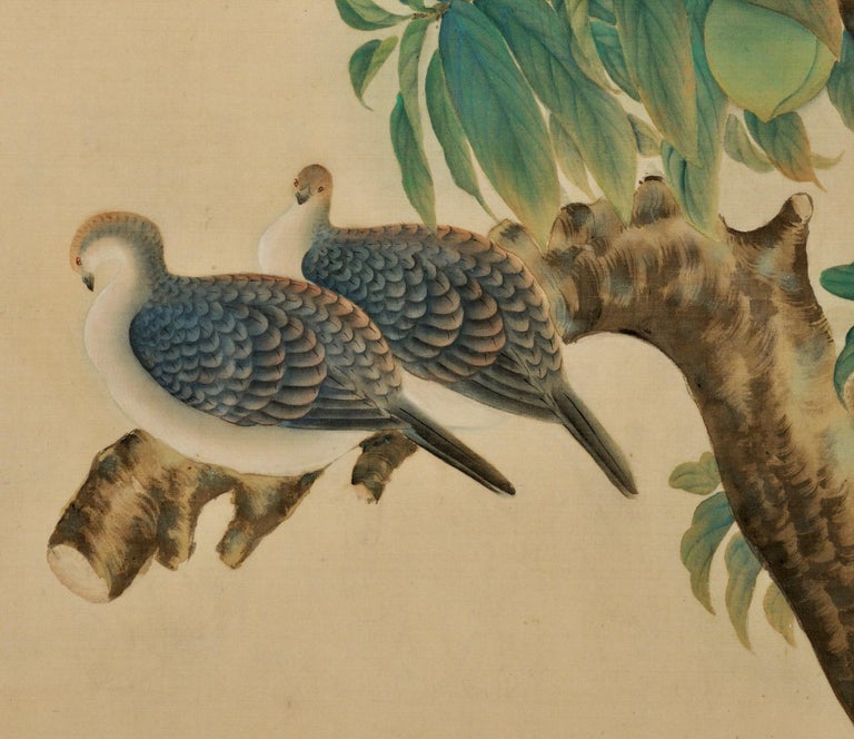 Japanese Framed Silk Painting, Turtledoves and Peaches, Taisho Era