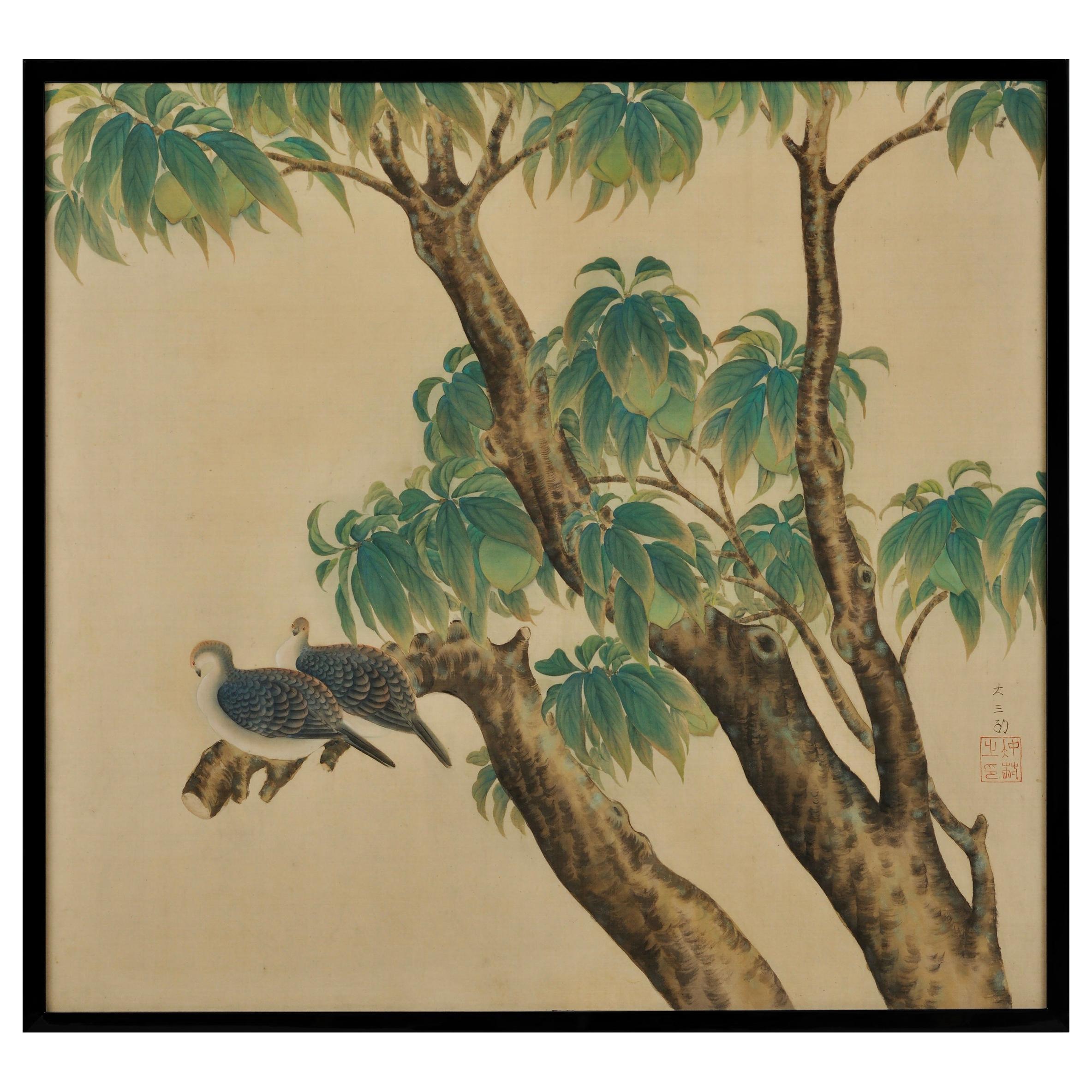 Pintura japonesa sobre seda enmarcada, Tórtolas y melocotones, Época Taisho, hacia 1920
