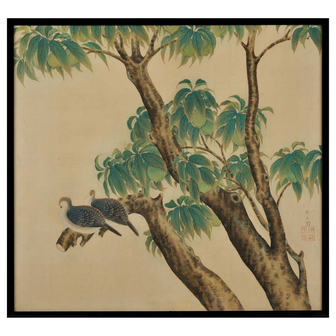 Japanese Framed Silk Painting, Turtledoves and Peaches, Taisho Era ...
