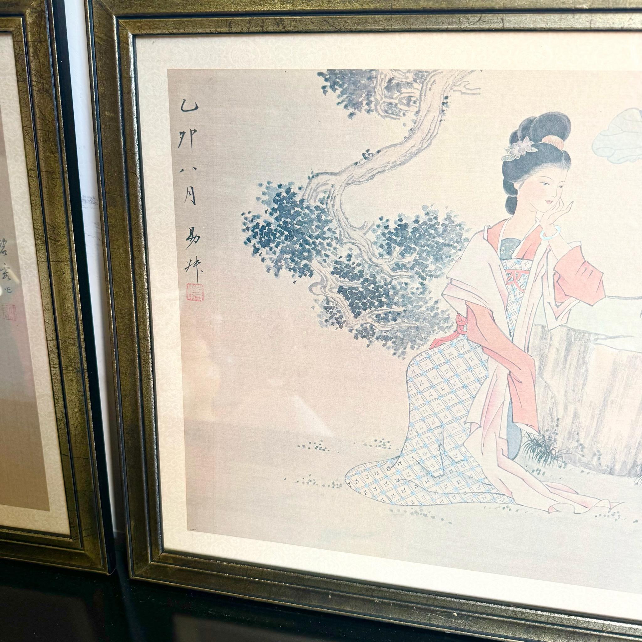 Soie Aquarelles sur soie japonaises encadrées - une paire en vente
