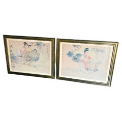 Aquarelles sur soie japonaises encadrées - une paire