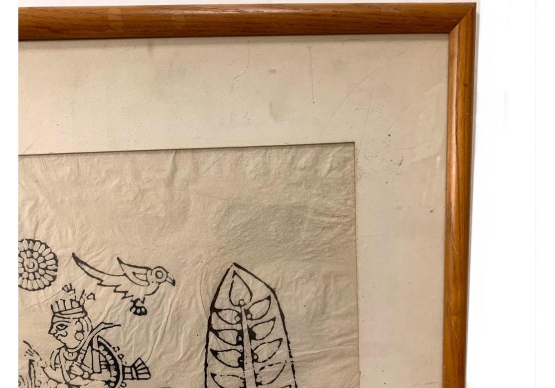 Vintage Asian woodblock print on rice paper of a Horse mounted King with a Tree, Bird and Sun Mandalas floating above and surmounting three figures in an open pavilion. Cinnabar chop mark in lower right corner. Framed in a simple finished Oak frame.