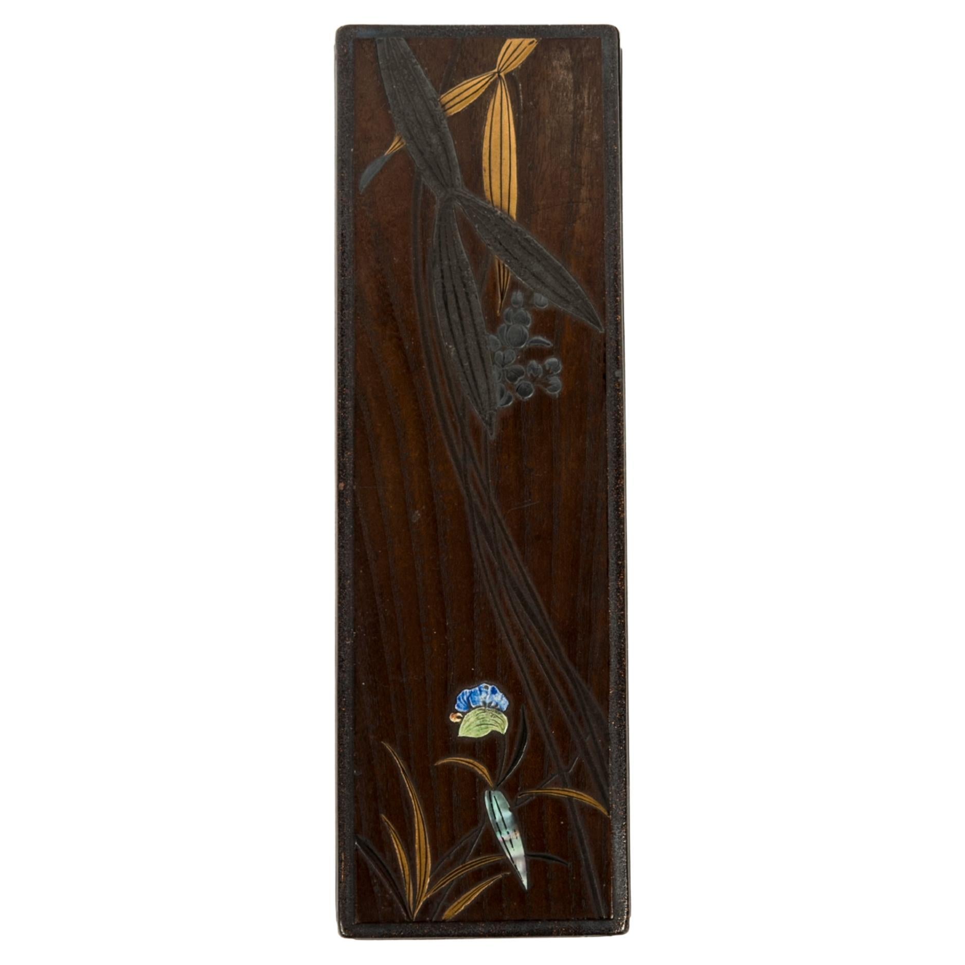 Fudebako o scatola per spazzole giapponese in legno duro laccato e intarsio in ceramica in vendita