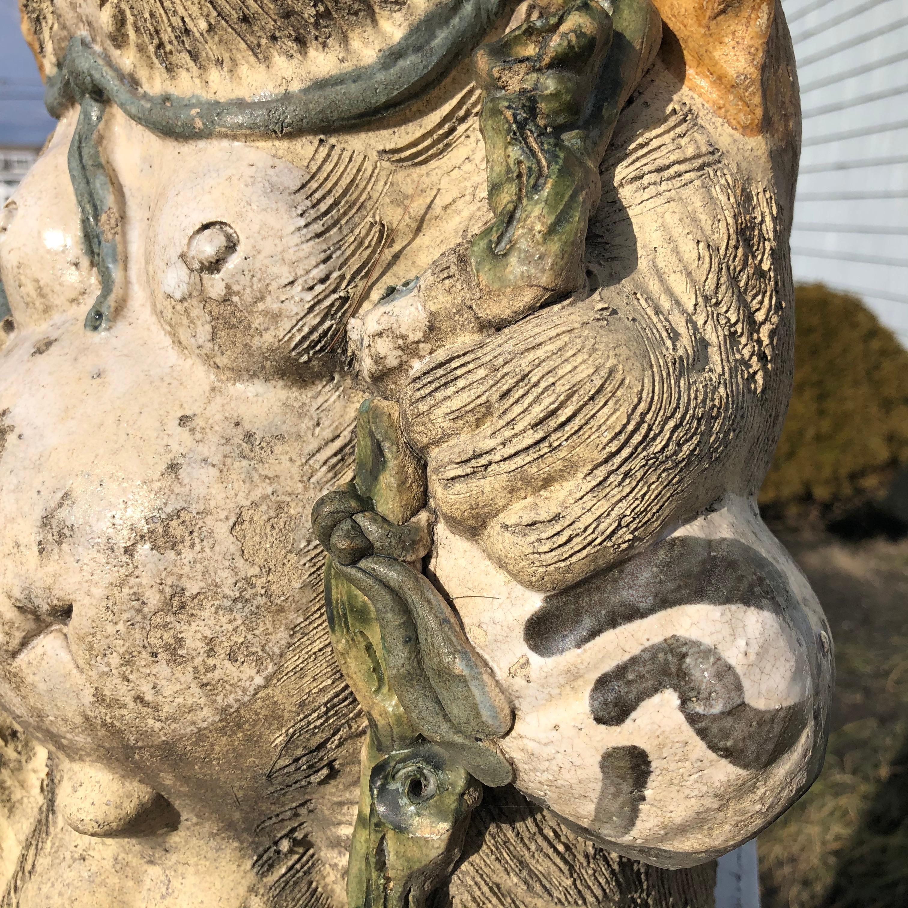 Japanese Garden Pair Him Folk Hero Tanukis Handmade Big Belly Sculptures 1