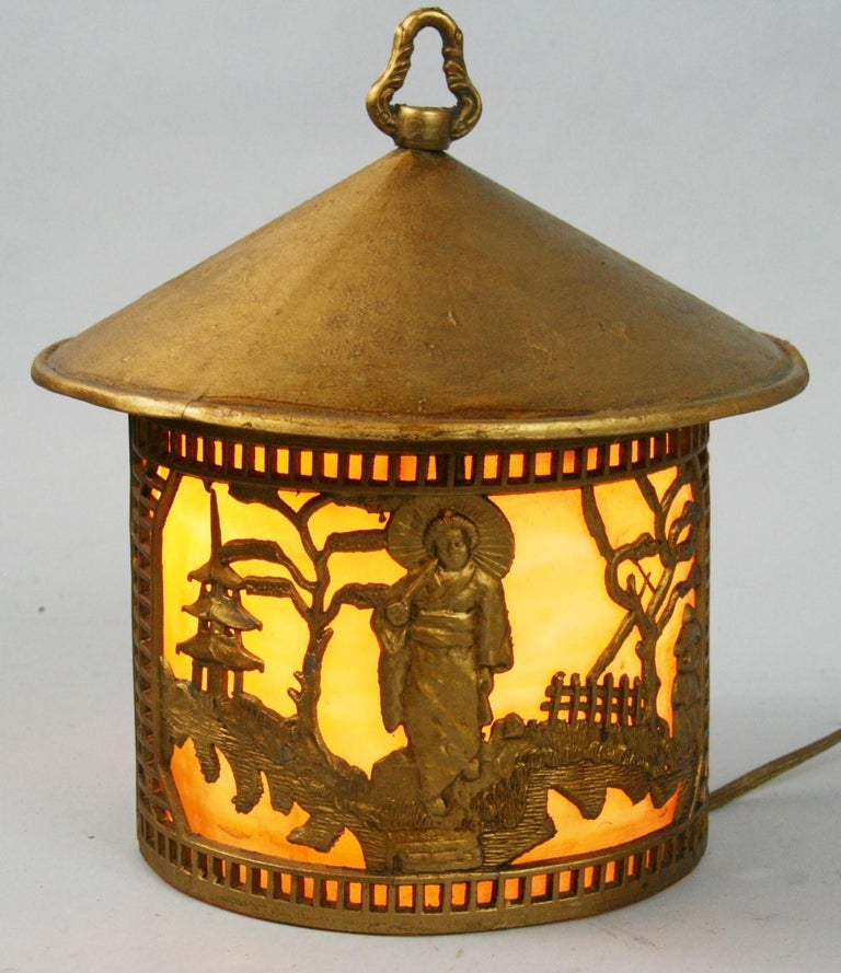 Japanese Garden Scene Lantern with Bent Glass For Sale 5