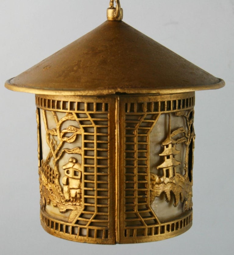 Japanese Garden Scene Lantern with Bent Glass For Sale 8