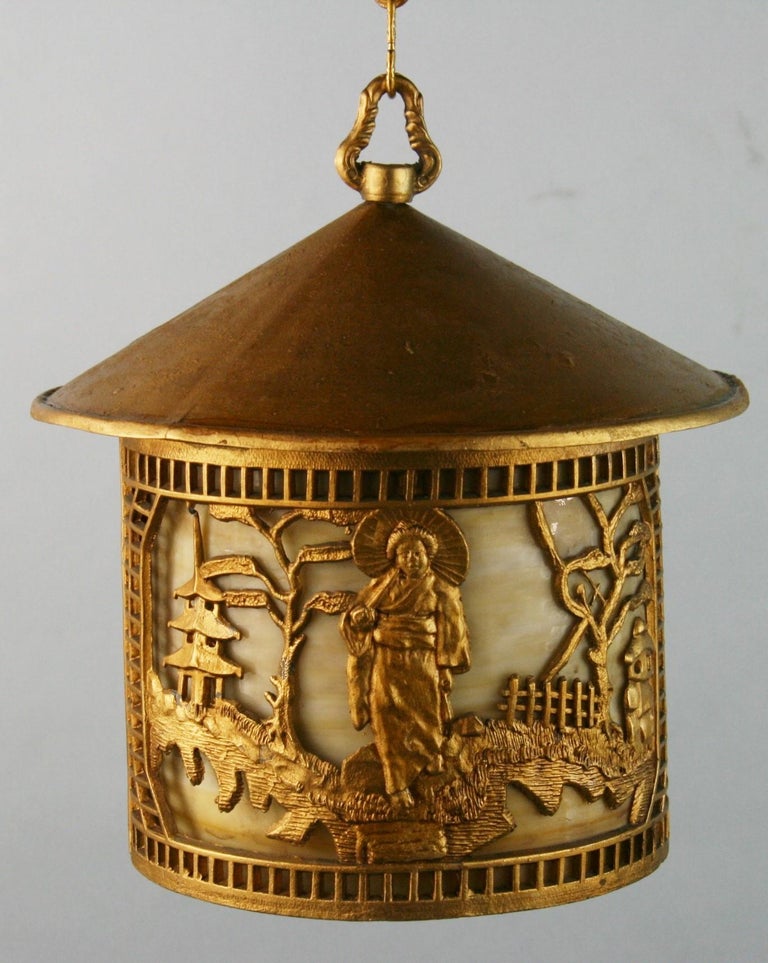 Brass Japanese Garden Scene Lantern with Bent Glass For Sale