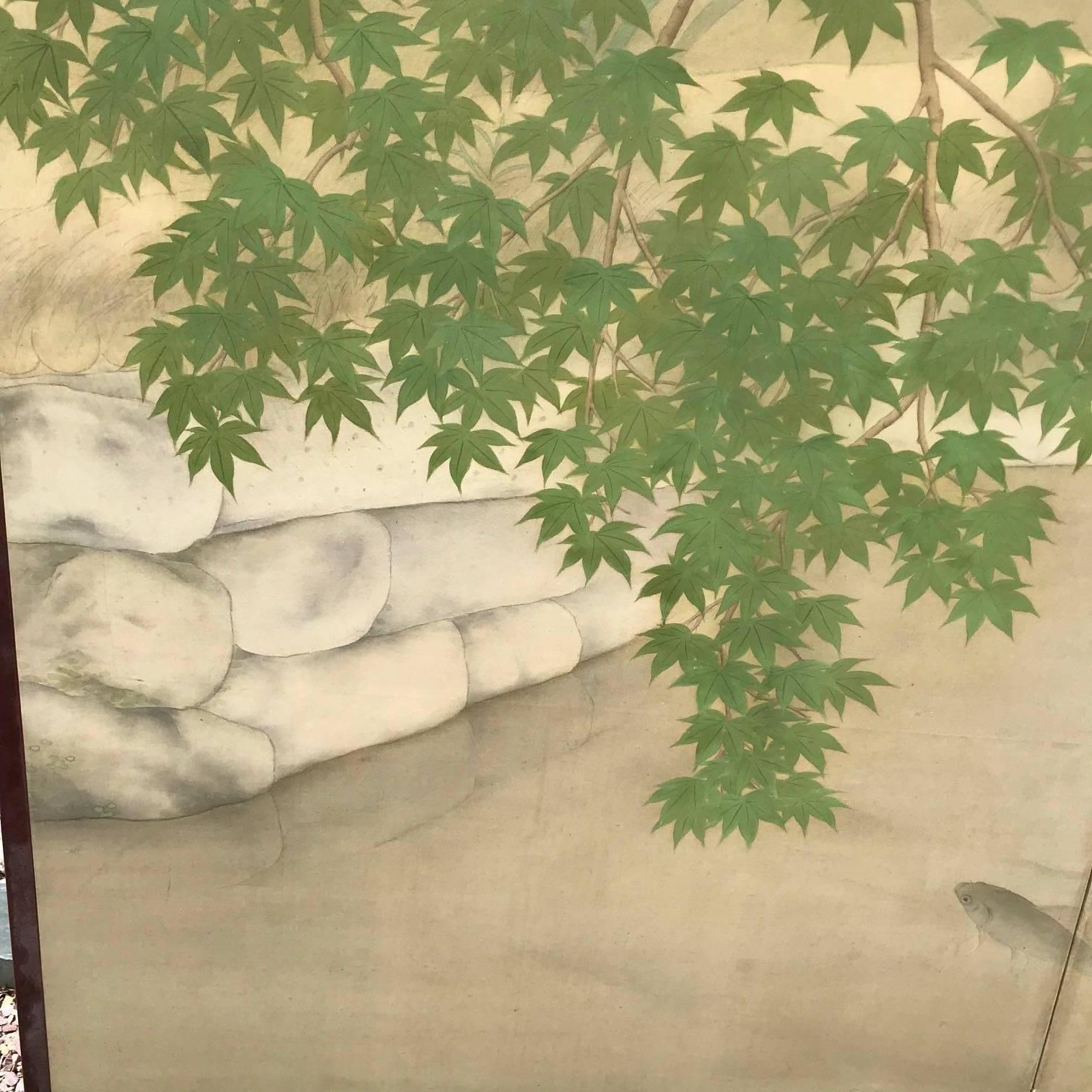 Japanese Four Panel Garden Screen with Koi, Iris, & Turtles For Sale 4
