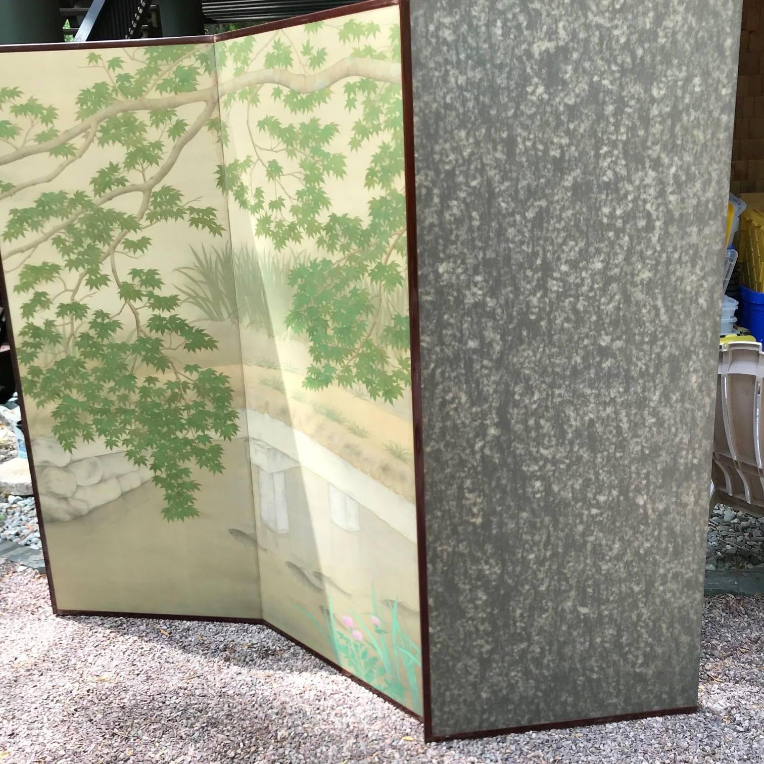 Japanese Four Panel Garden Screen with Koi, Iris, & Turtles For Sale 9