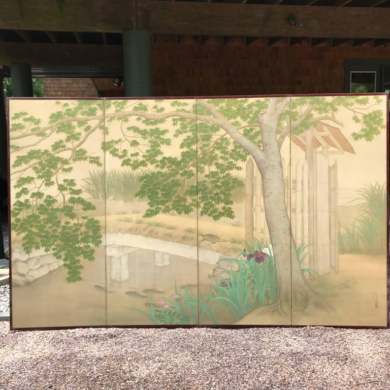 Japanese Garden Screen with Koi, Iris, and Turtles, FourPanel Taisho