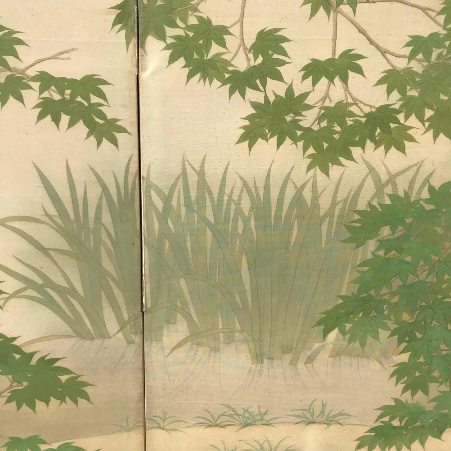 Taisho Japanese Four Panel Garden Screen with Koi, Iris, & Turtles For Sale