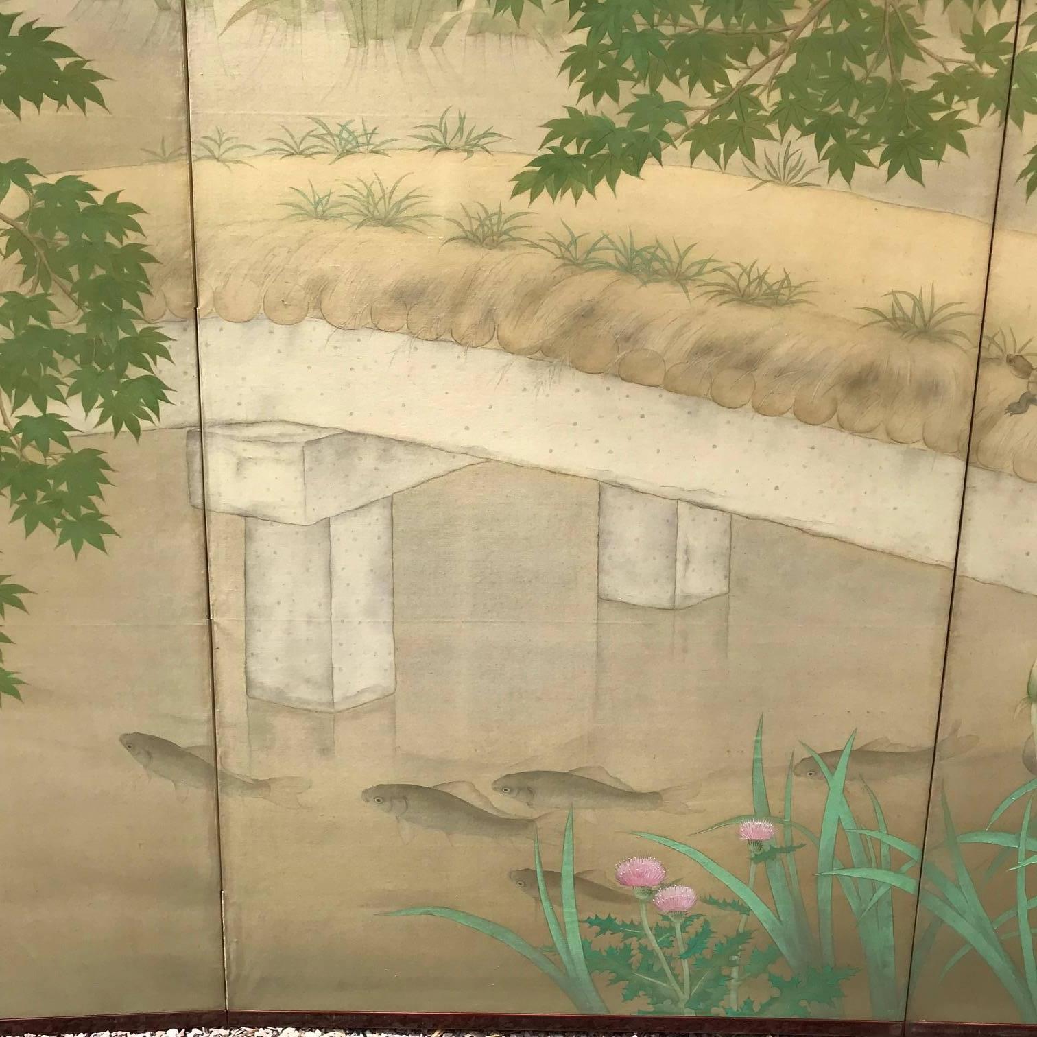 Japanese Four Panel Garden Screen with Koi, Iris, & Turtles In Good Condition For Sale In South Burlington, VT