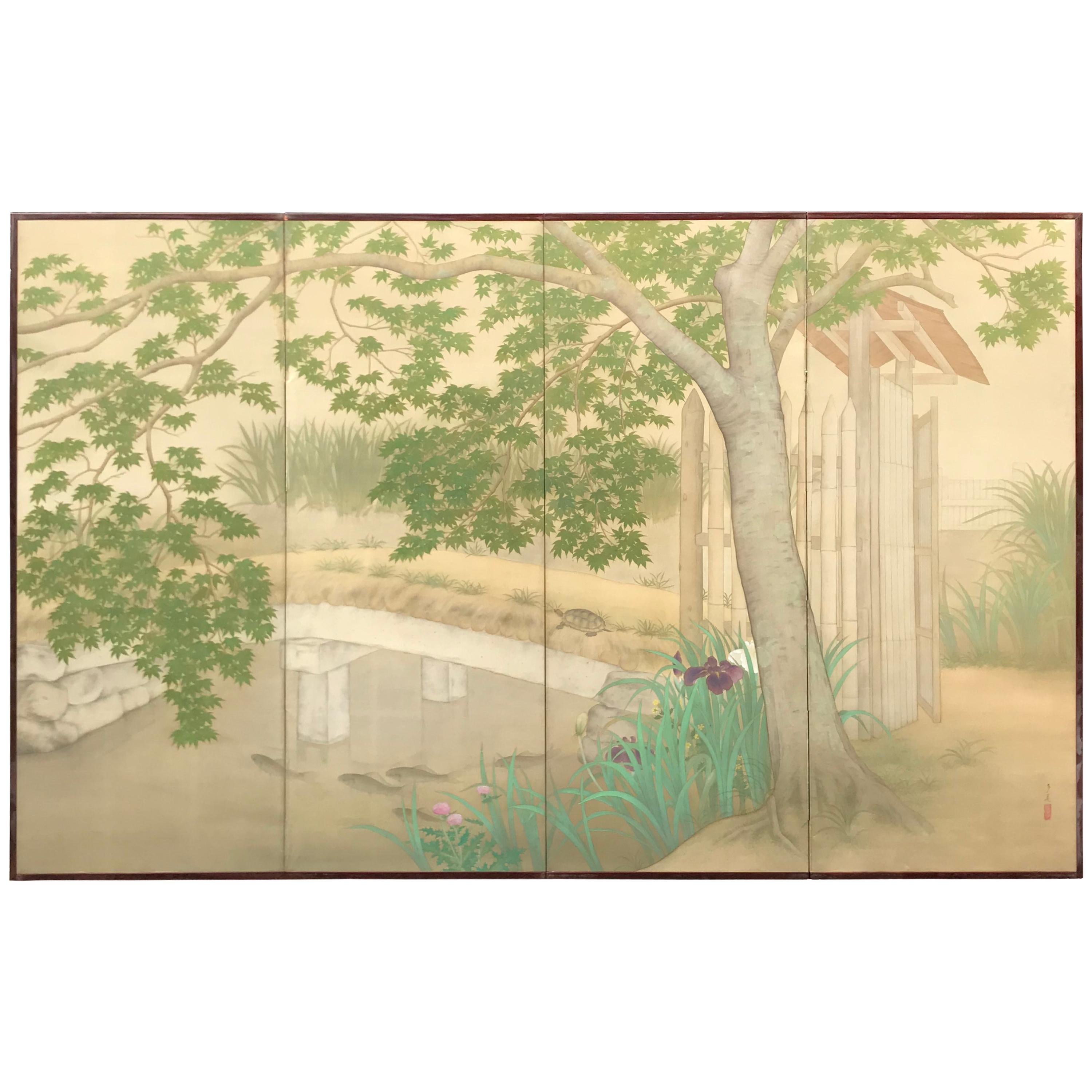 Japanese Four Panel Garden Screen with Koi, Iris, & Turtles For Sale
