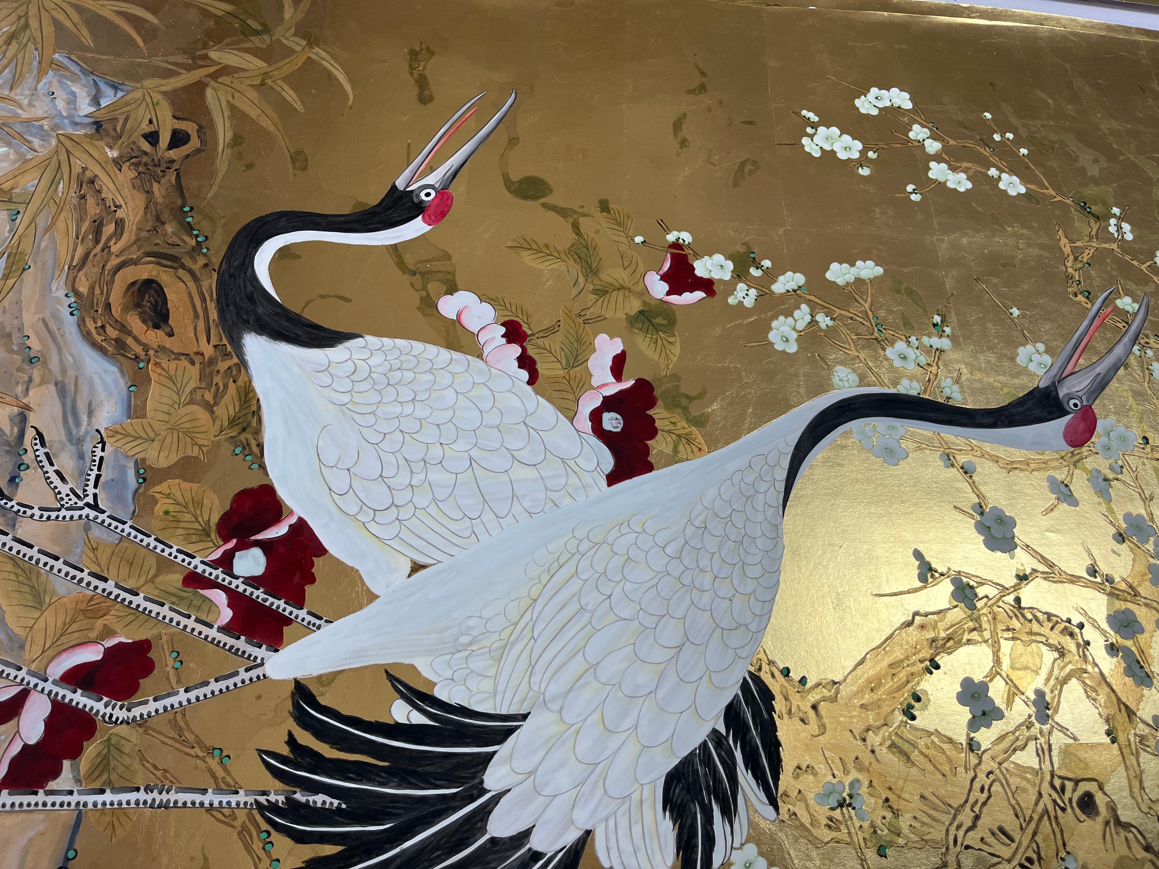 Chinese Japanese Garden Wallpaper Panels Hand Painted Wallpaper on Gold Gilded Paper For Sale