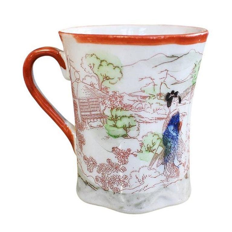 A beautiful Japanese Kutani tea serving set of 13. This set includes six cups, six saucers, and one sugar bowl with a lid. Each piece is hand-painted with a scene of geishas amongst orange cherry blossom trees with pagodas in the background. The