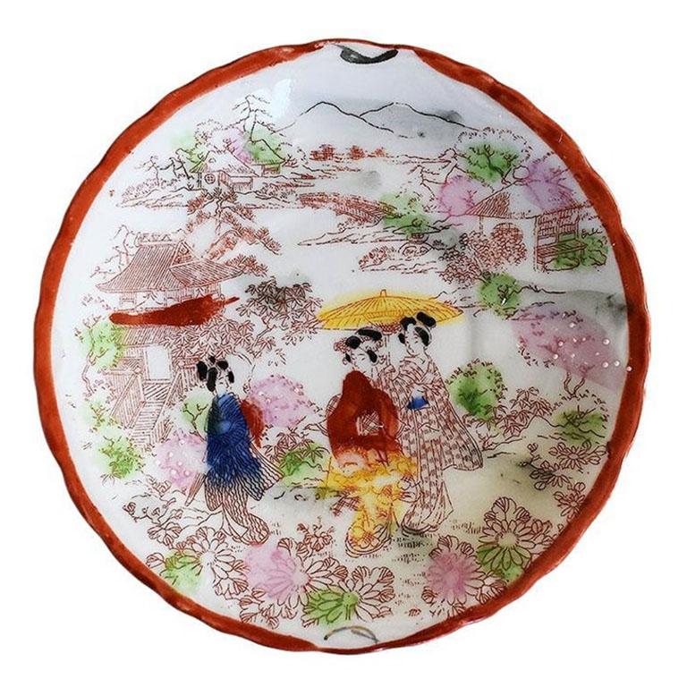 Japonisme Japanese Geisha and Cherry Blossom Kutani Ware Porcelain Tea Cup and Saucer Set