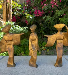 Japanese Geisha Awa Odori Dancers Gold Leaf & Iron Sculptures, Japan, c.1960