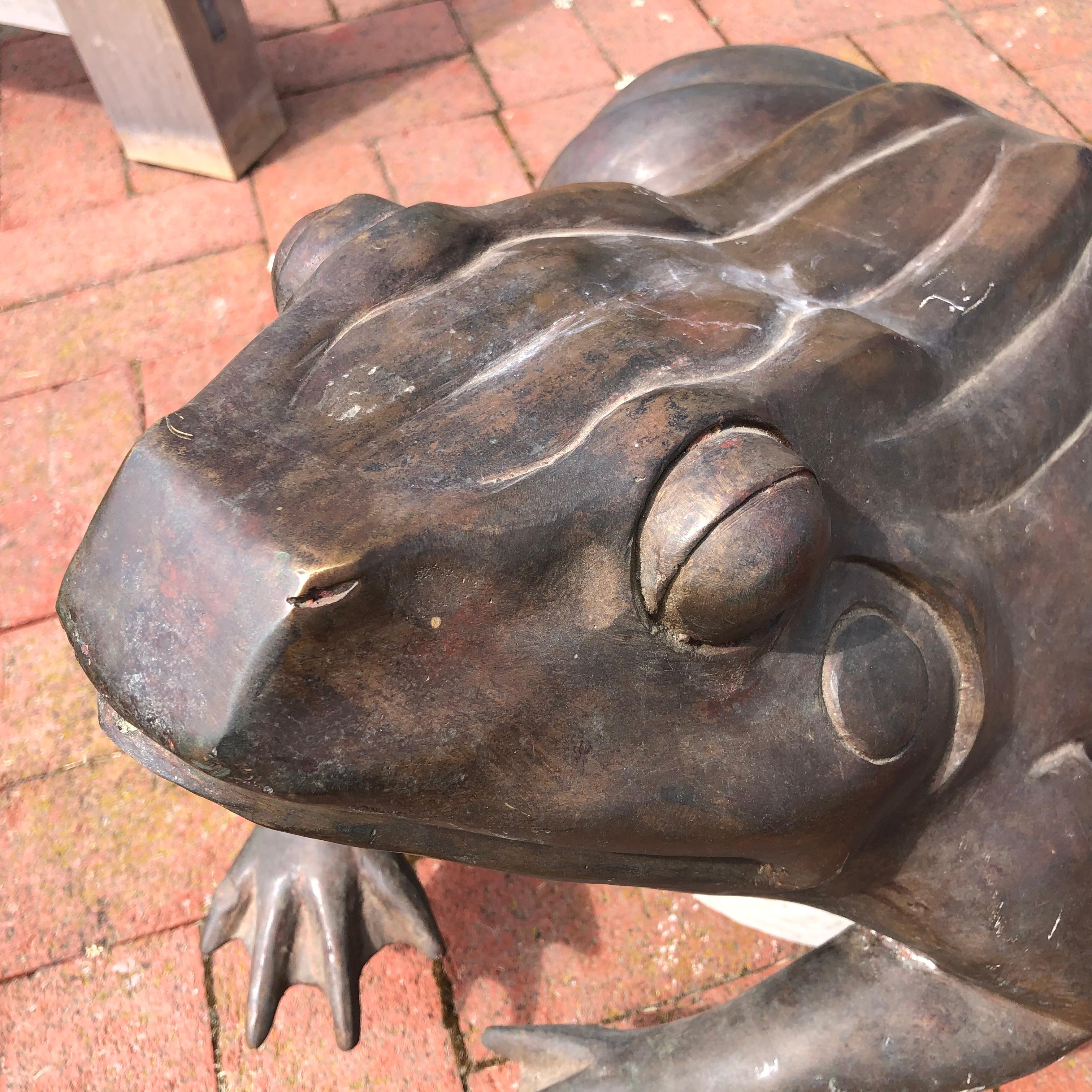 Cast Japanese Giant Antique Bronze Garden Frog with Superb Details