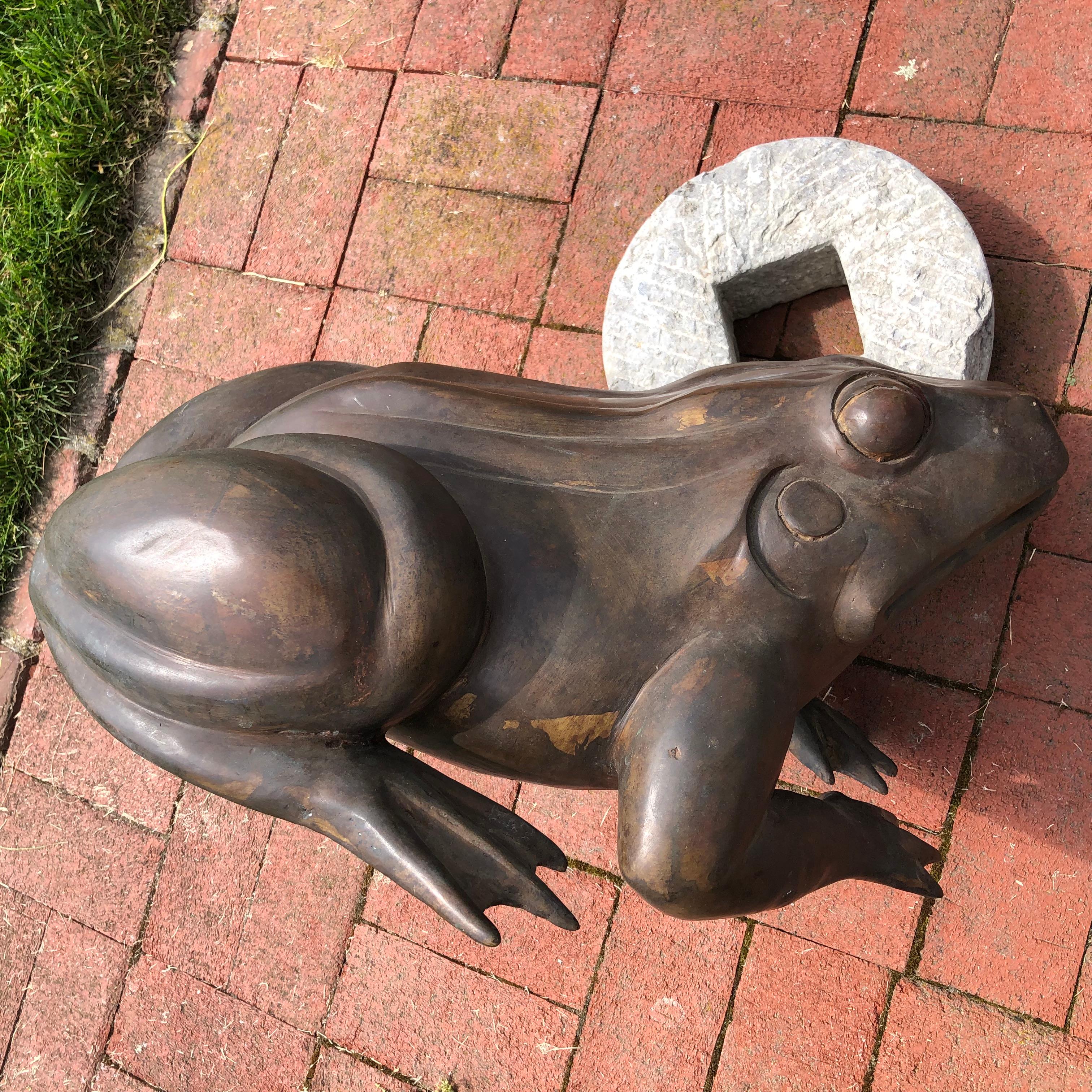 Japanese Giant Antique Bronze Garden Frog with Superb Details 1