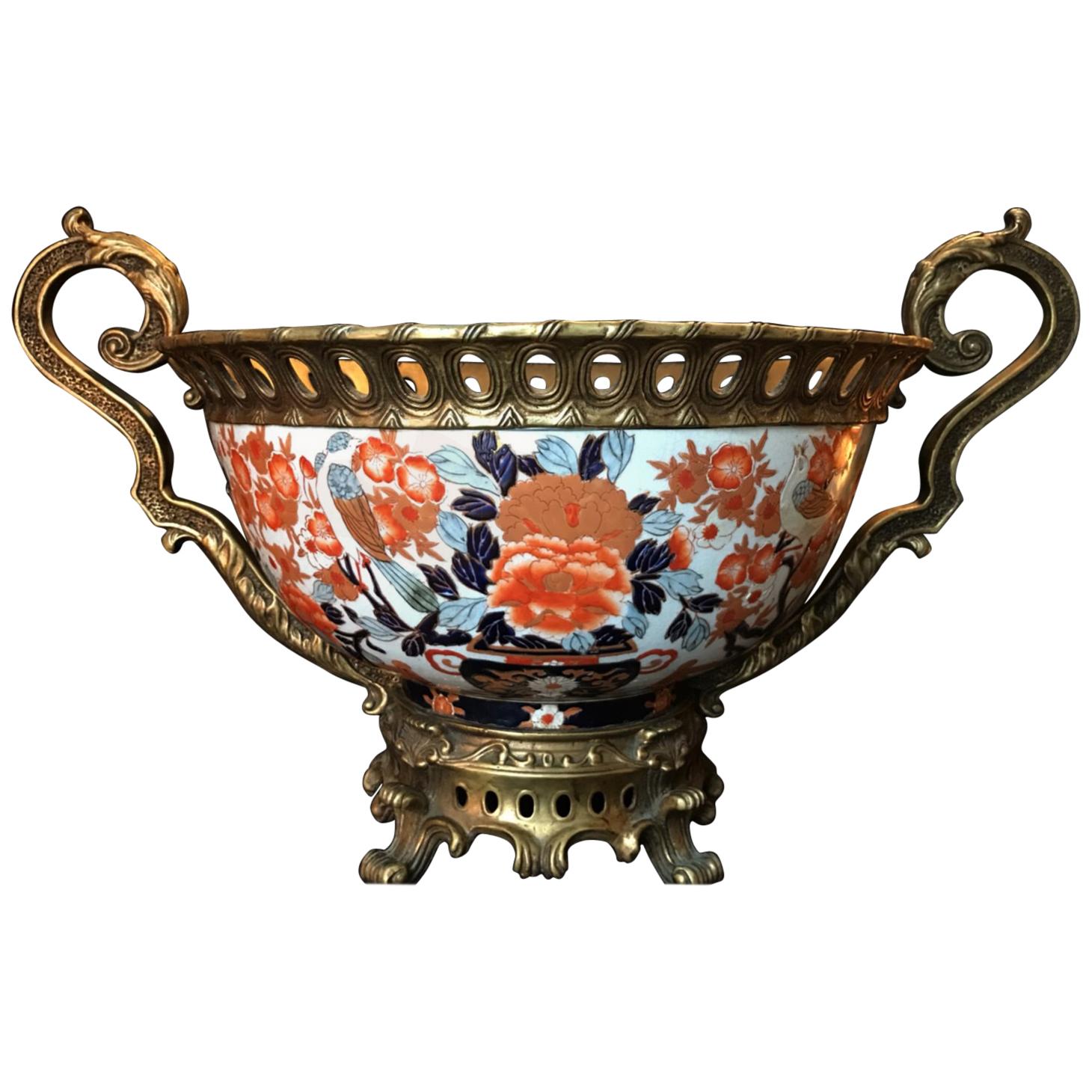 Japanese Giant Imari Export Porcelain Bowl with French Bronze Ormolu Mount