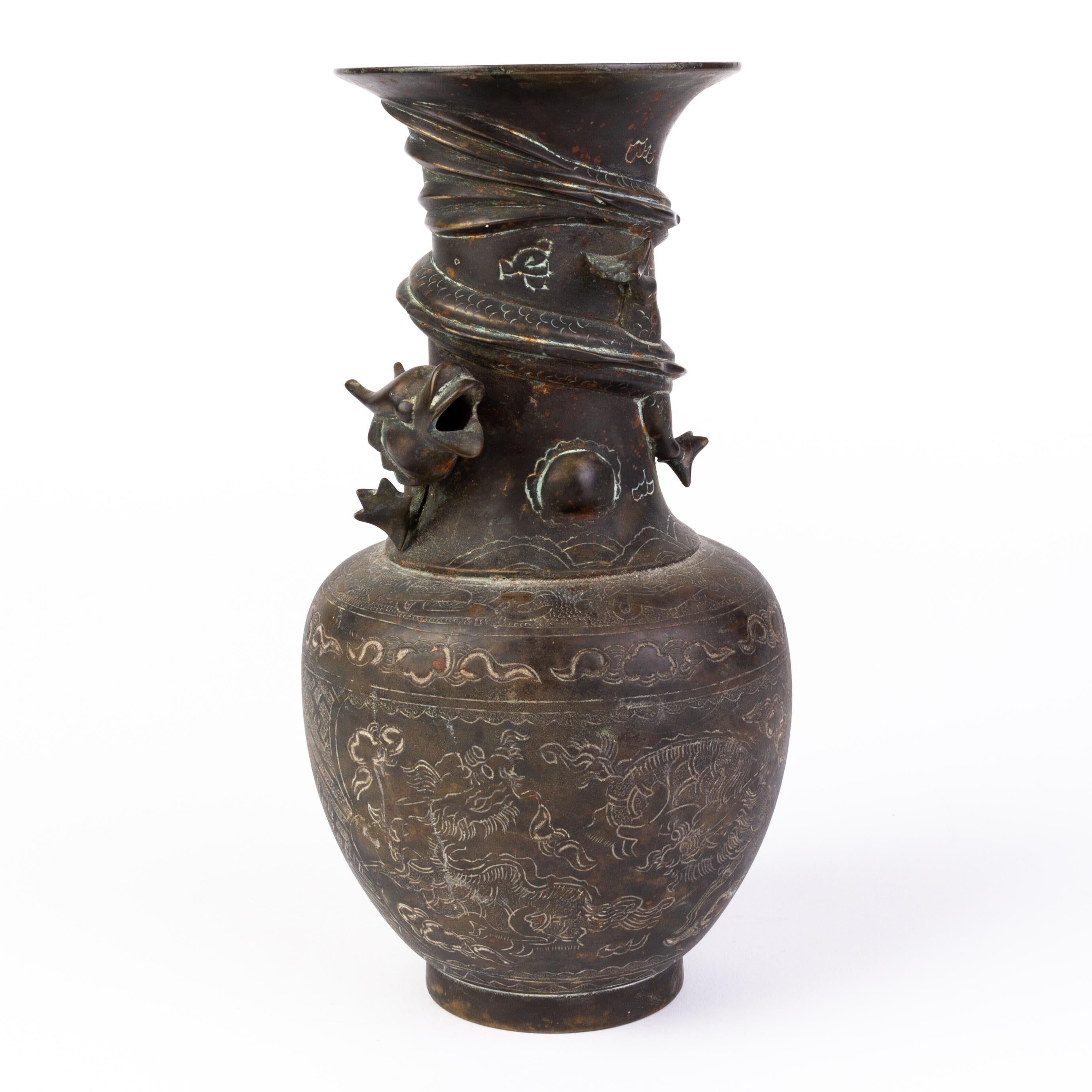 19th Century Japanese Gilded Bronze Swirling Dragon Meiji Vase For Sale