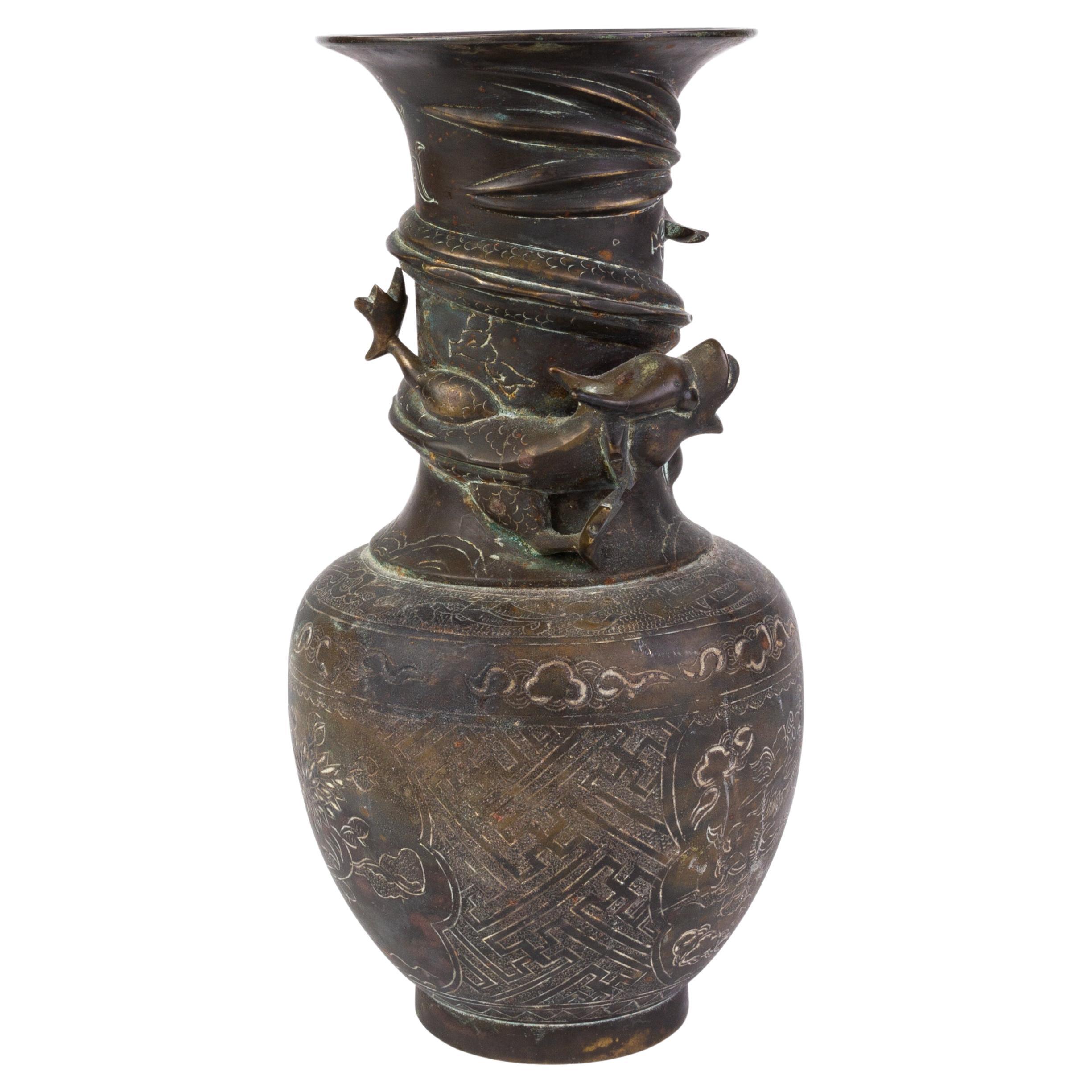 Japanese Gilded Bronze Swirling Dragon Meiji Vase For Sale