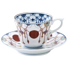 Japanese Gilded Contemporary Blue Red Hand Painted Porcelain Cup and Saucer