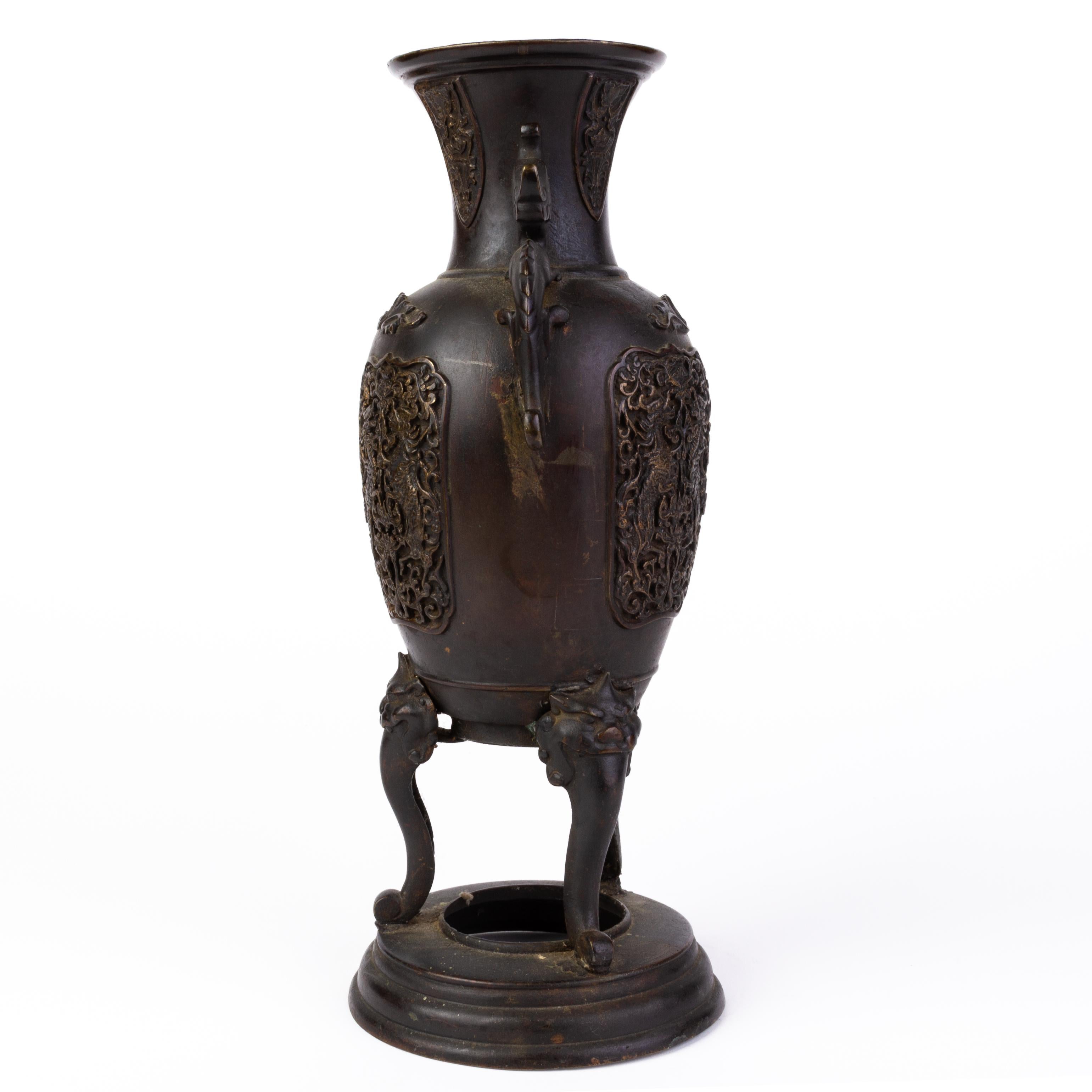 19th Century Japanese Gilded Gilt Bronze Meiji Censer Vase with Dragon Handles For Sale