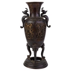 Antique Japanese Gilded Gilt Bronze Meiji Censer Vase with Dragon Handles