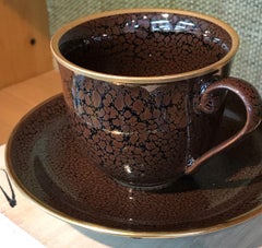 Japanese Gilded Hand-Glazed Brown Porcelain Cup and Saucer by Master Artist