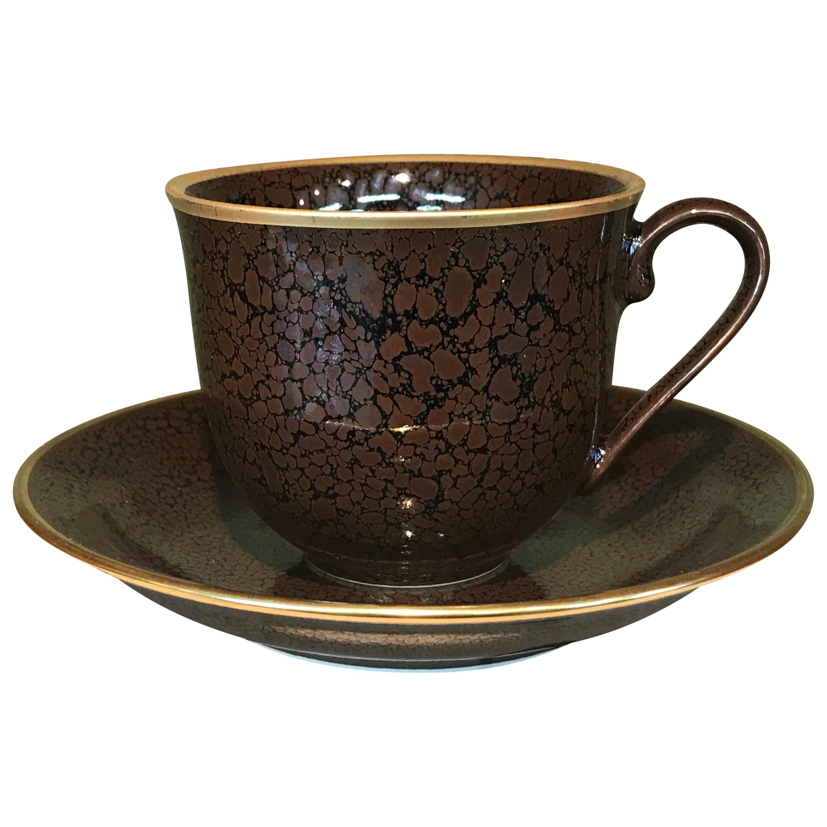Japanese Gilded Hand-Glazed Brown Porcelain Cup and Saucer by Master Artist
