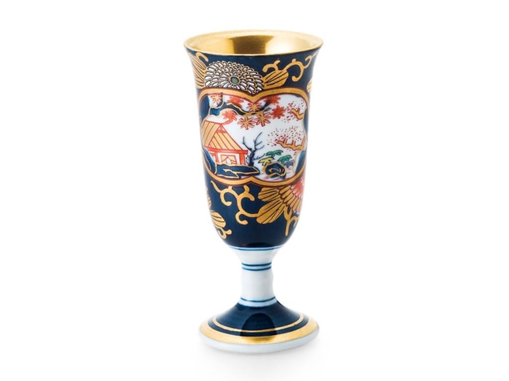 Meiji Japanese Contemporary Gilded Blue Red Ko-Imari Short Stem Porcelain Mug Cup For Sale
