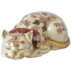 Japanese Gilded Pink Red Vintage Porcelain Sleeping Cat, circa 1930